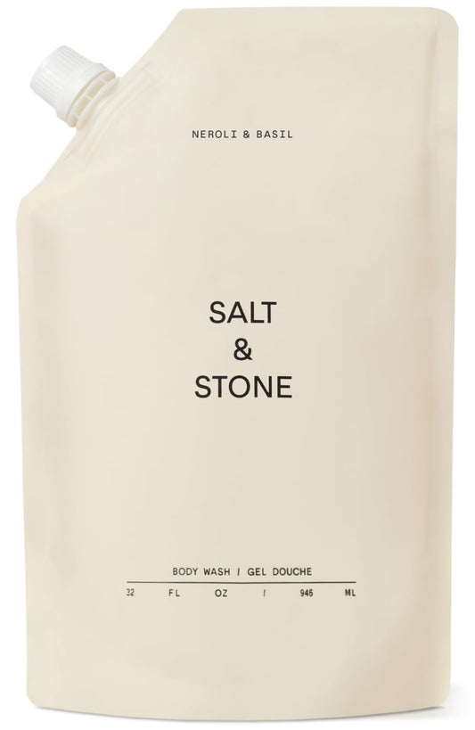 Salt & Stone refill bottle front view showing neroli basil scent and packaging benefit