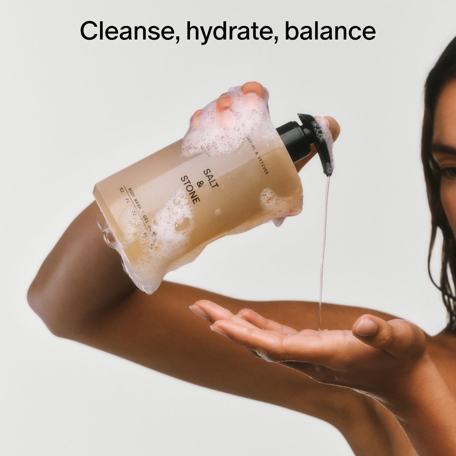 Salt & Stone refill placed in shower showing convenient refill use and space-saving benefit