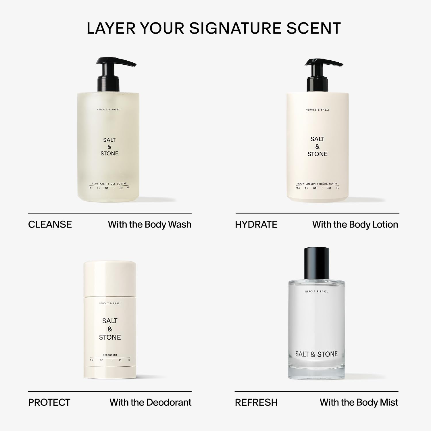 Salt & Stone refill on bathroom vanity in lifestyle scene showing elevated daily routine benefit