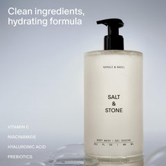 Close-up of gel texture pouring from Salt & Stone bottle showing rich lather benefit