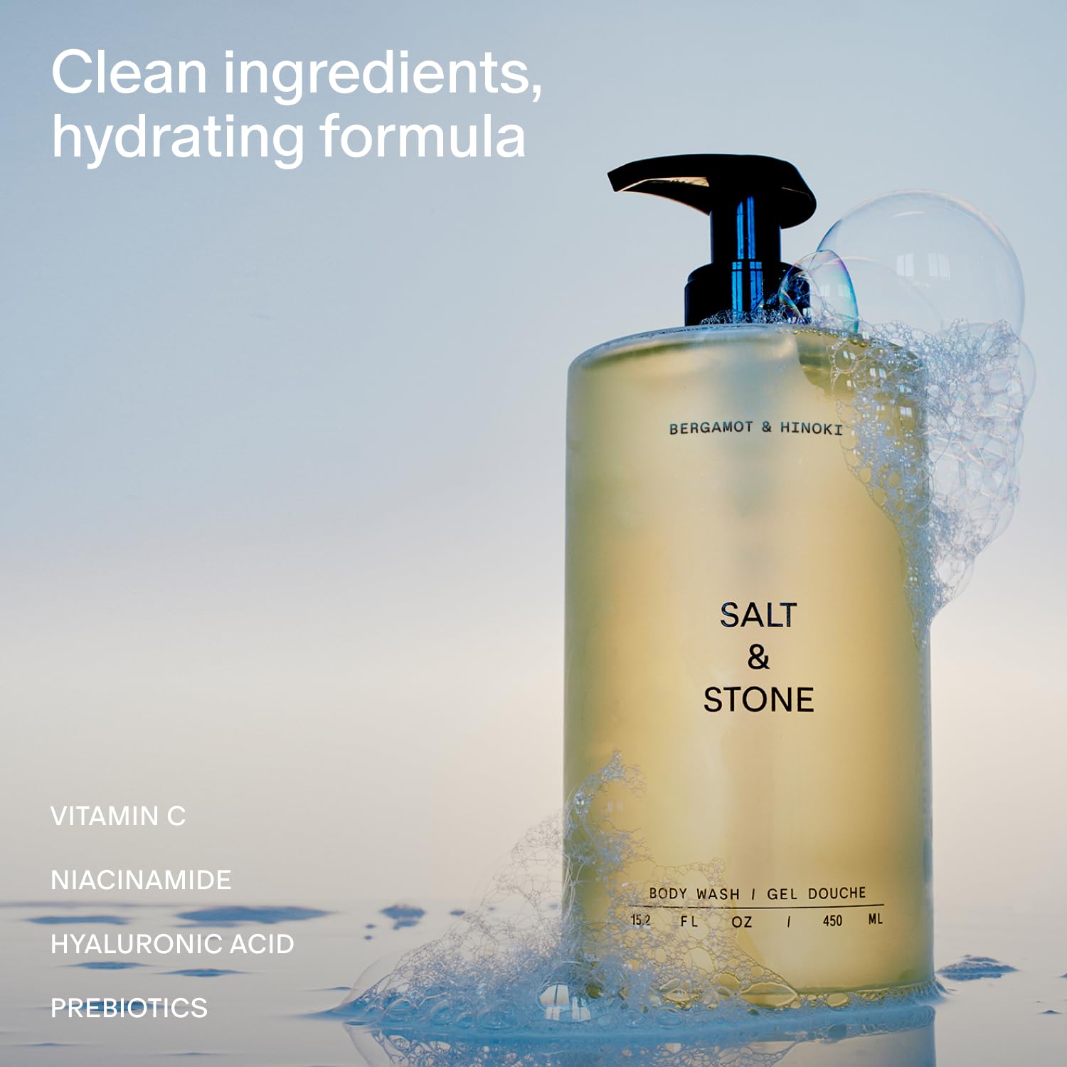 Salt & Stone body wash lather on hand demonstrating rich hydrating foam