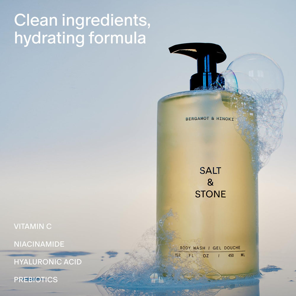 Salt & Stone body wash lather on hand demonstrating rich hydrating foam