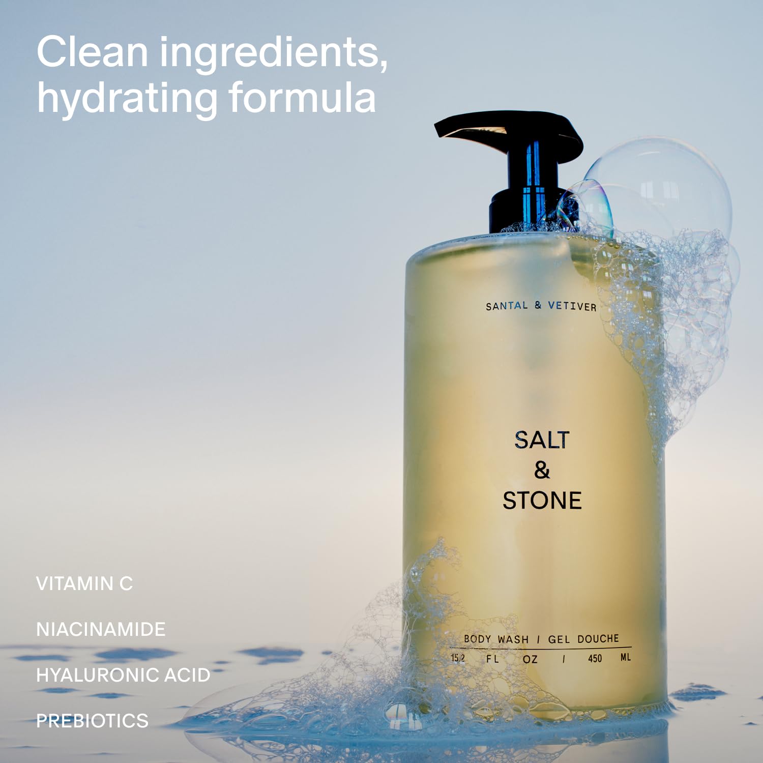 Salt & Stone pump top close-up displaying easy dispensing and hygienic use