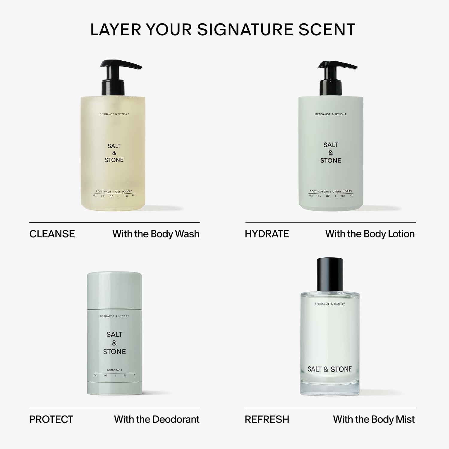 Salt & Stone bottle on shower shelf styled for daily routine inspiration and calm scent