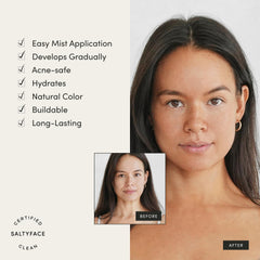 SALTYFACE being applied to face and neck illustrating simple, streak-free blending benefit