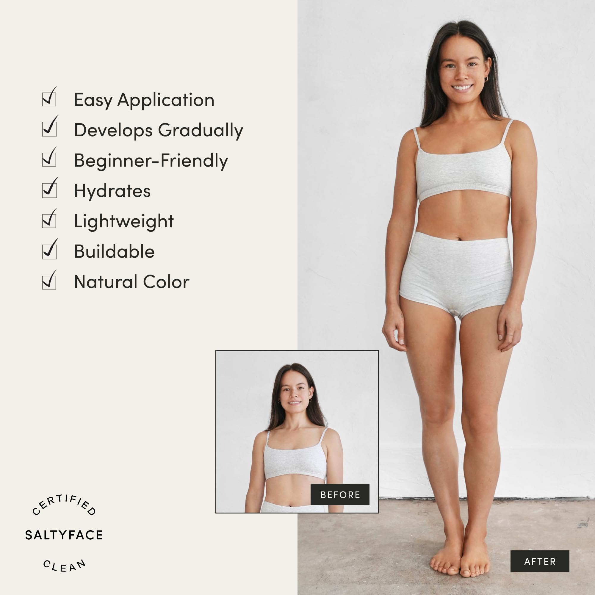 SALTYFACE application on leg illustrating even blend and streak-free finish benefit