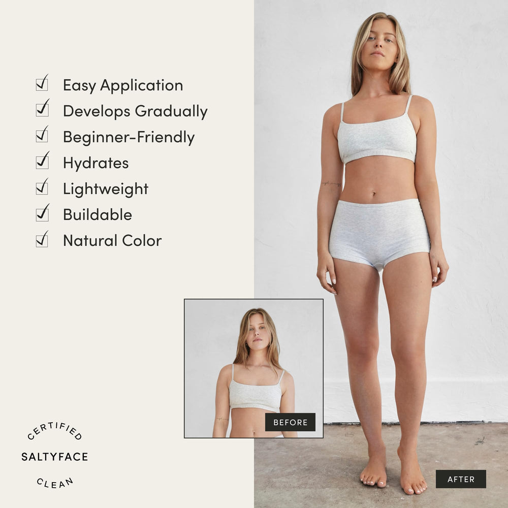 SALTYFACE foam applied on legs demonstrating streak-free application benefit
