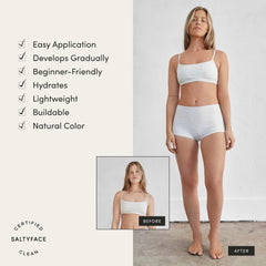 SALTYFACE foam applied on legs demonstrating streak-free application benefit
