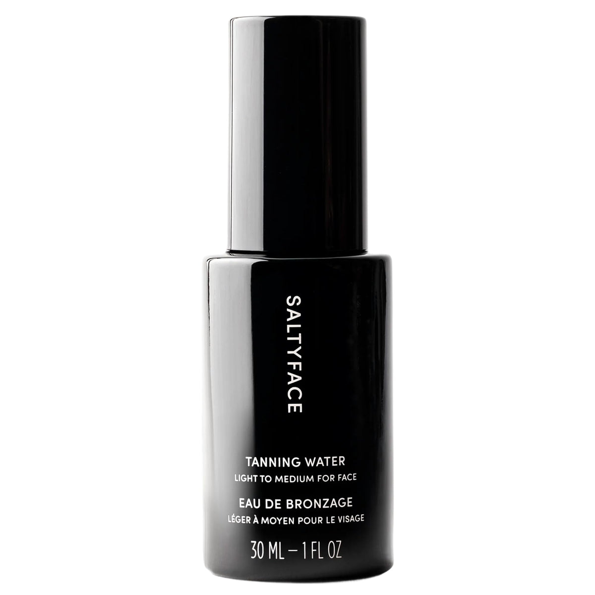 SALTYFACE front bottle showing clean minimal packaging and travel size benefit