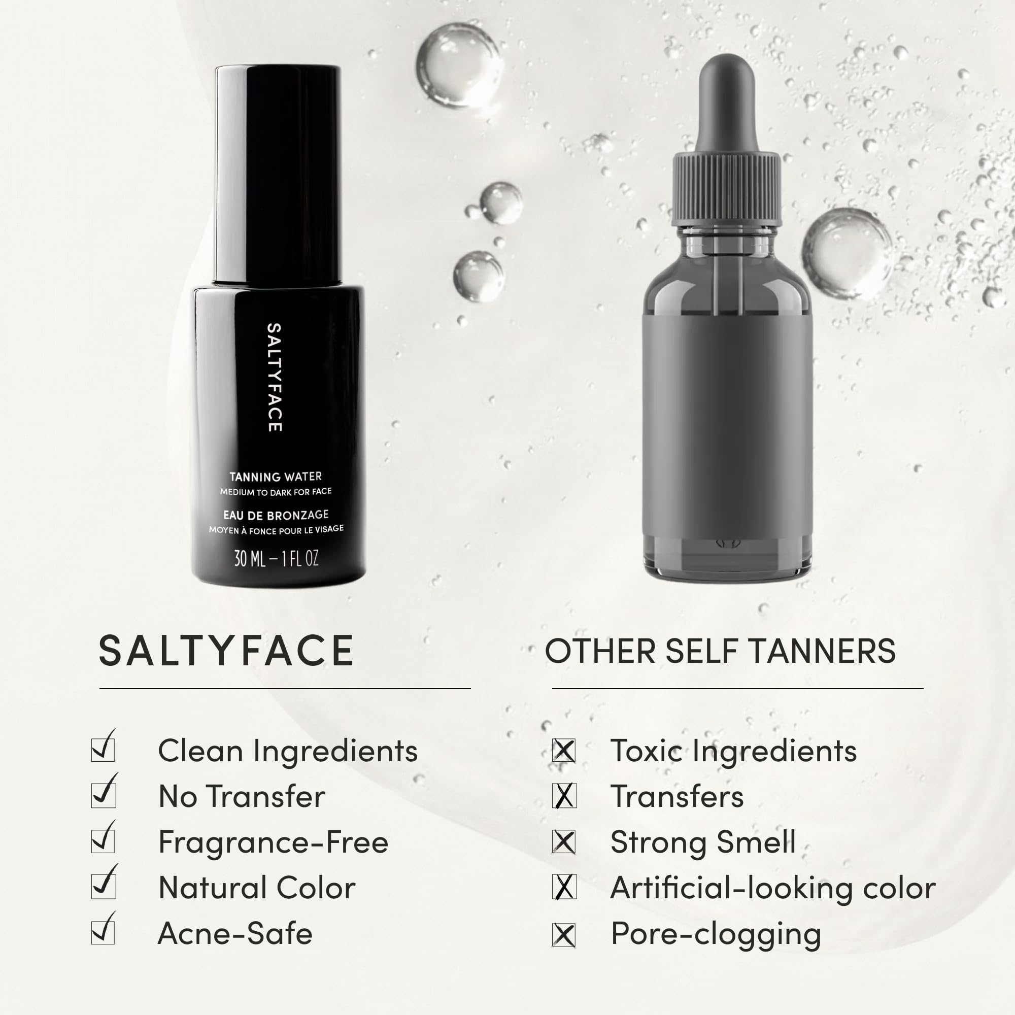 SALTYFACE texture droplet on fingertip highlighting lightweight water-based formula benefit