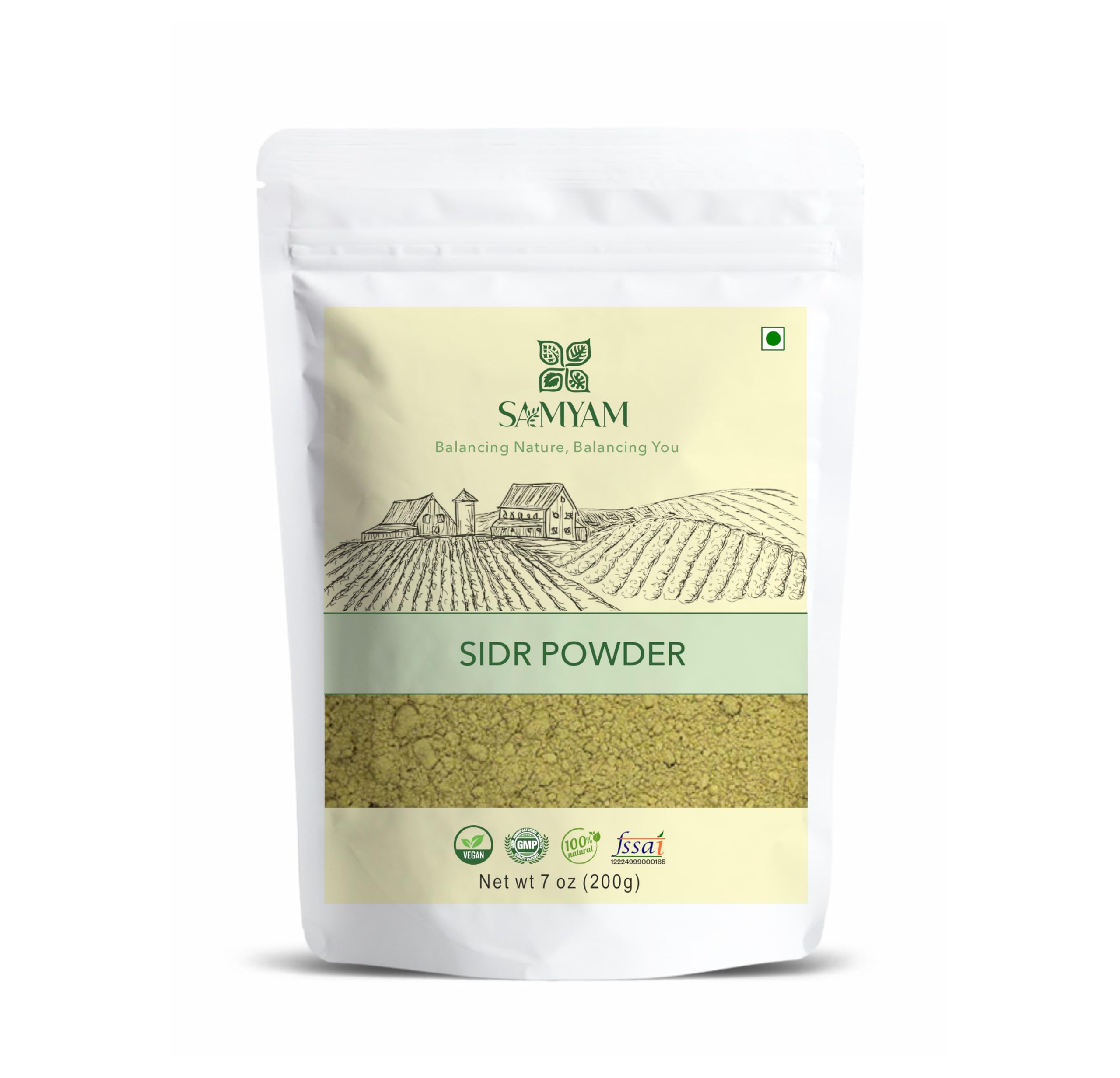 SAMYAM sidr powder front pouch showing clean packaging and weight benefit