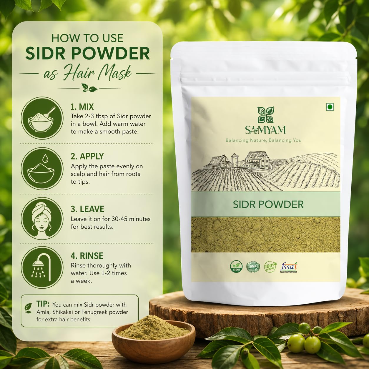 SAMYAM sidr powder next to a 200g scale showing accurate product size benefit