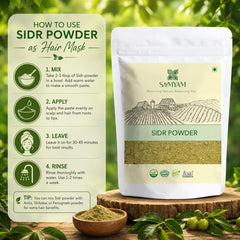 SAMYAM sidr powder next to a 200g scale showing accurate product size benefit