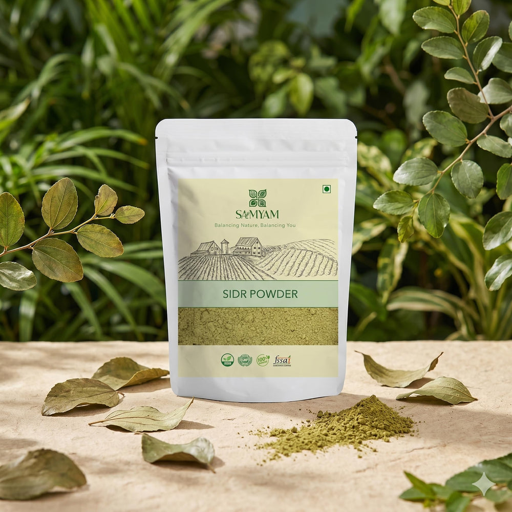 SAMYAM sidr powder texture close-up highlighting fine grind for easy mixing