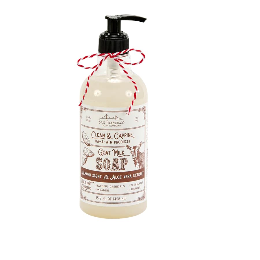 San Francisco Soap Company front bottle view showing almond label and pump for easy dispensing