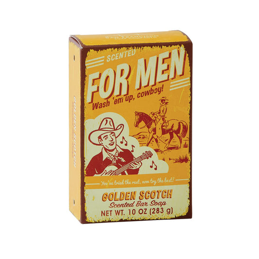 San Francisco Soap Company front packaging showing the golden scotch bar and fragrance benefit