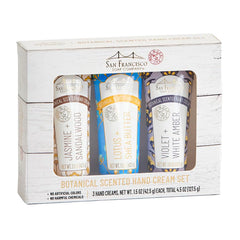 San Francisco Soap Company three mini hand cream tubes showing front labels and packaging benefit: convenient gifting