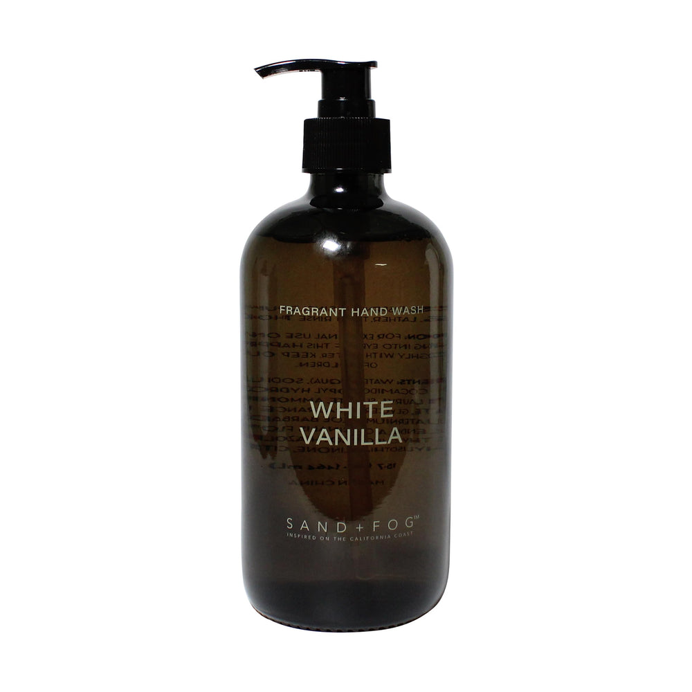 Sand + Fog front bottle view showing White Vanilla label and elegant packaging