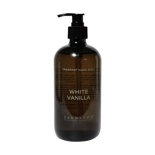 Sand + Fog front bottle view showing White Vanilla label and elegant packaging