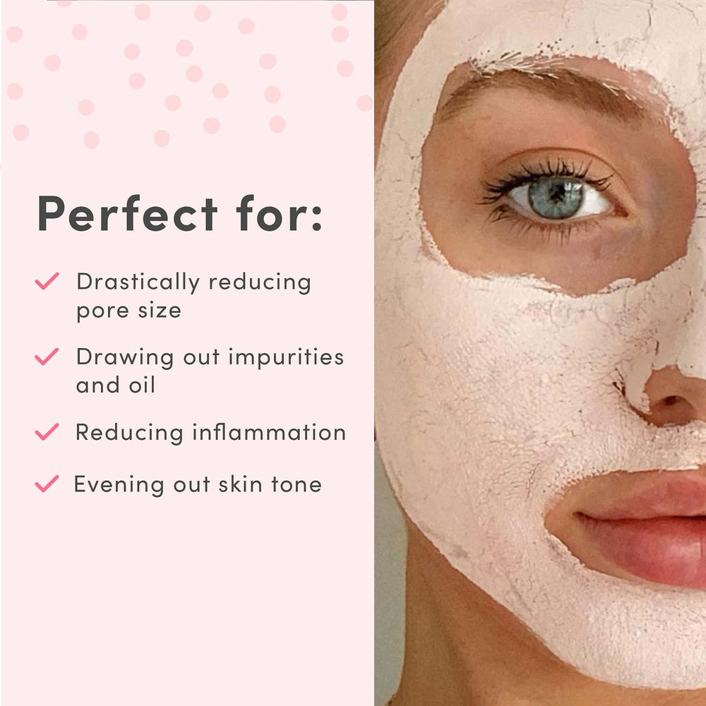 Model wearing Sand & Sky mask on face, demonstrates easy home treatment benefit