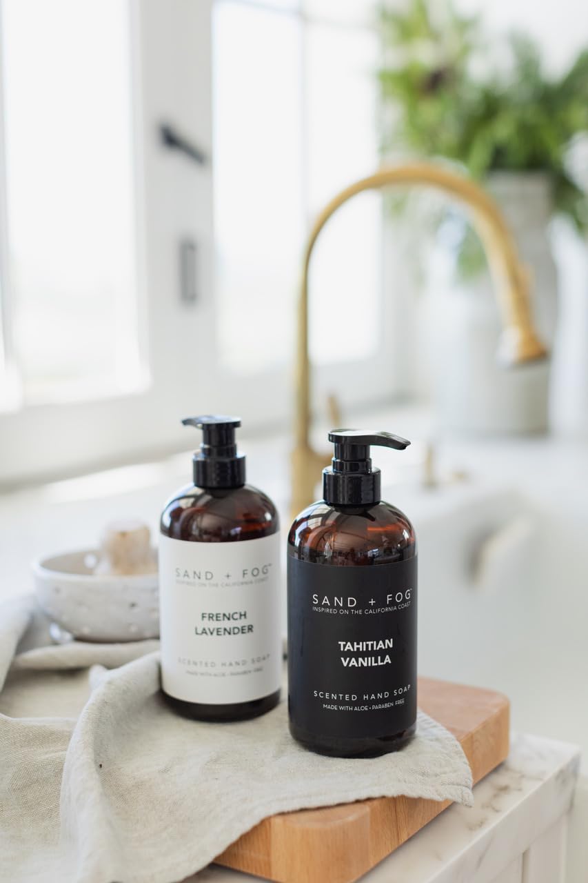 Sand + Fog bottle styled in a bathroom setting conveying premium affordable luxury