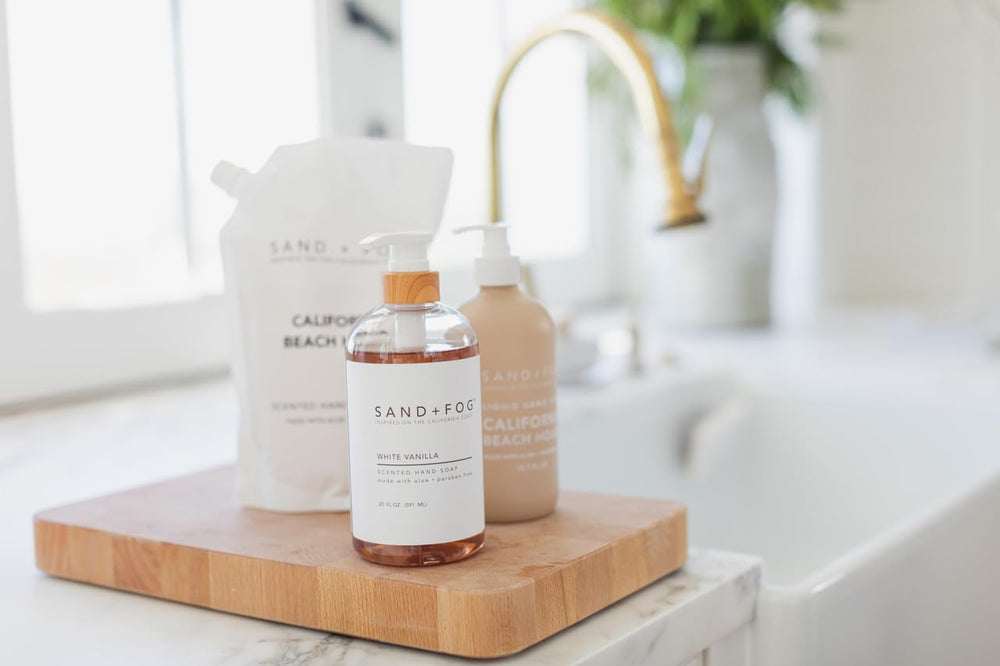 Sand + Fog bottle on bathroom counter in lifestyle scene creating inviting, fragrant ambiance