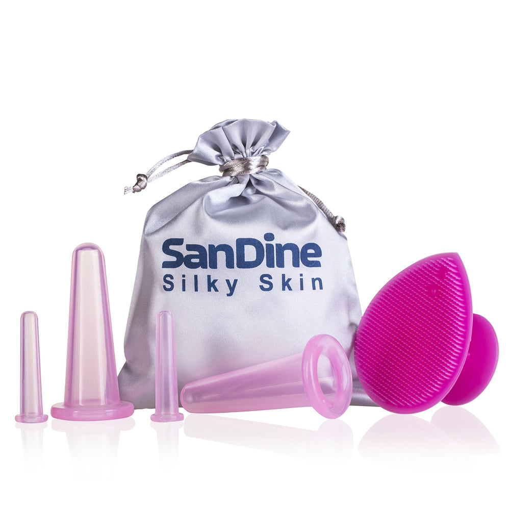SanDine Silky Skin front packaging showing full facial cupping kit benefits