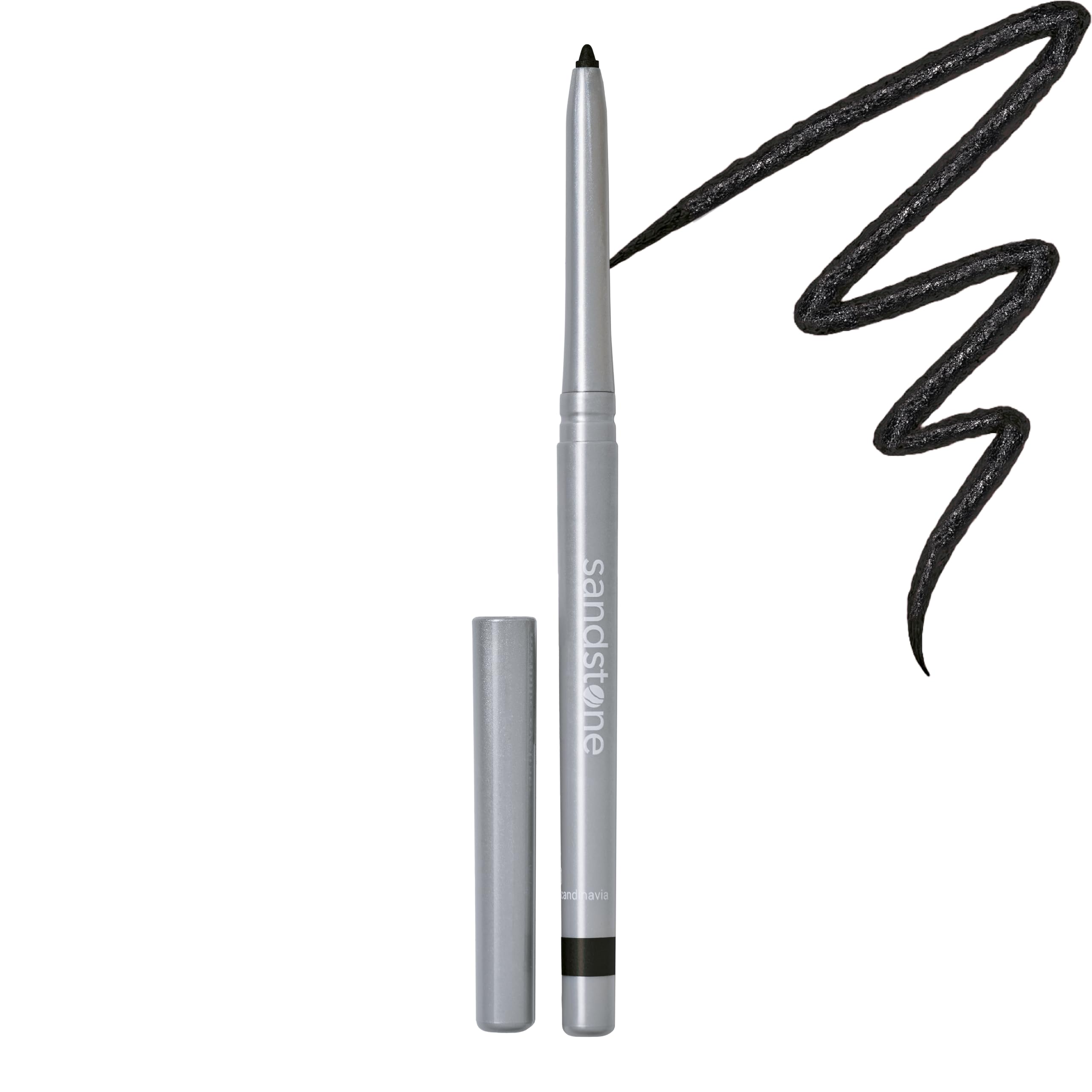 Sandstone Scandinavia eyeliner pencil front view showing sleek packaging and durable cap benefit