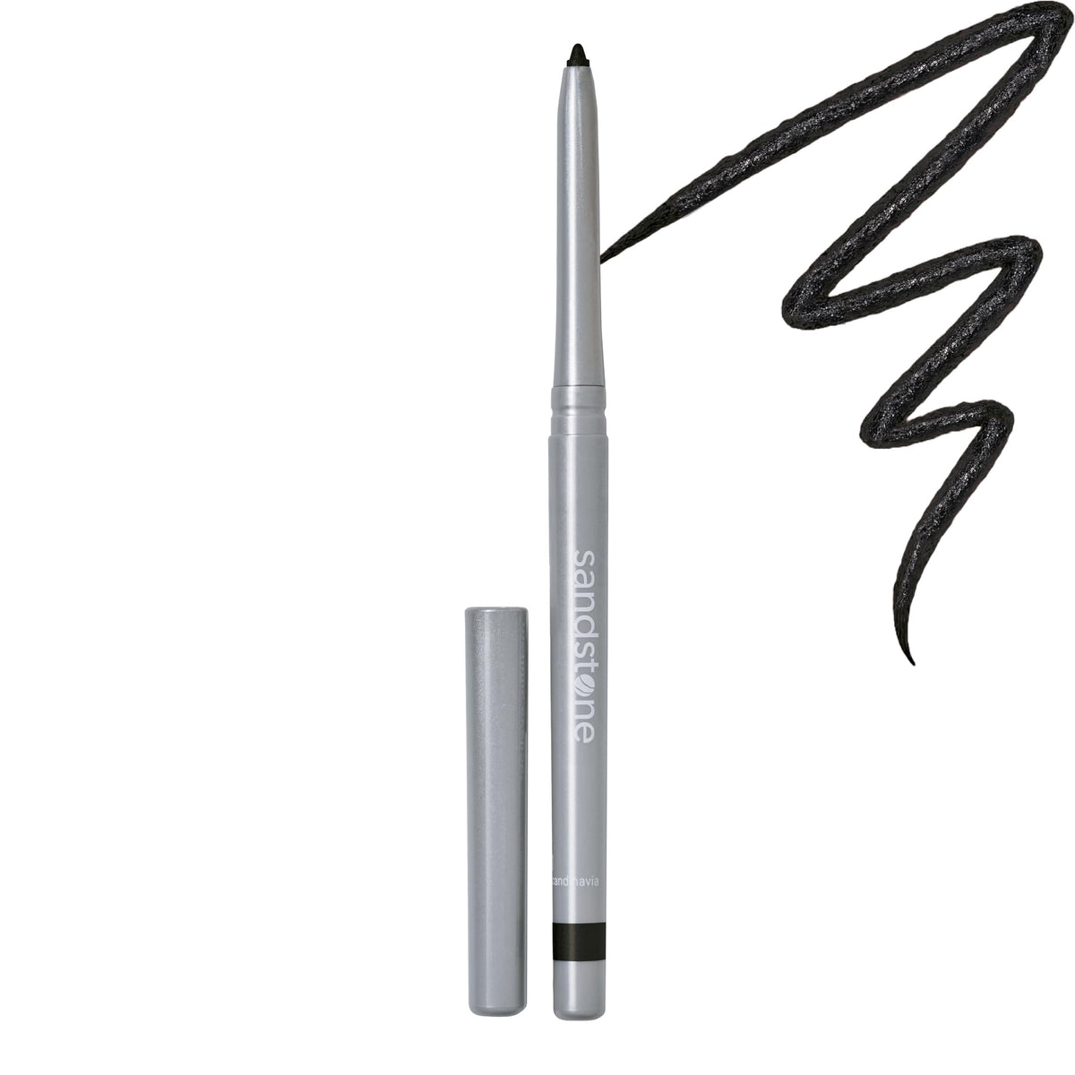 Sandstone Scandinavia eyeliner pencil front view showing sleek packaging and durable cap benefit