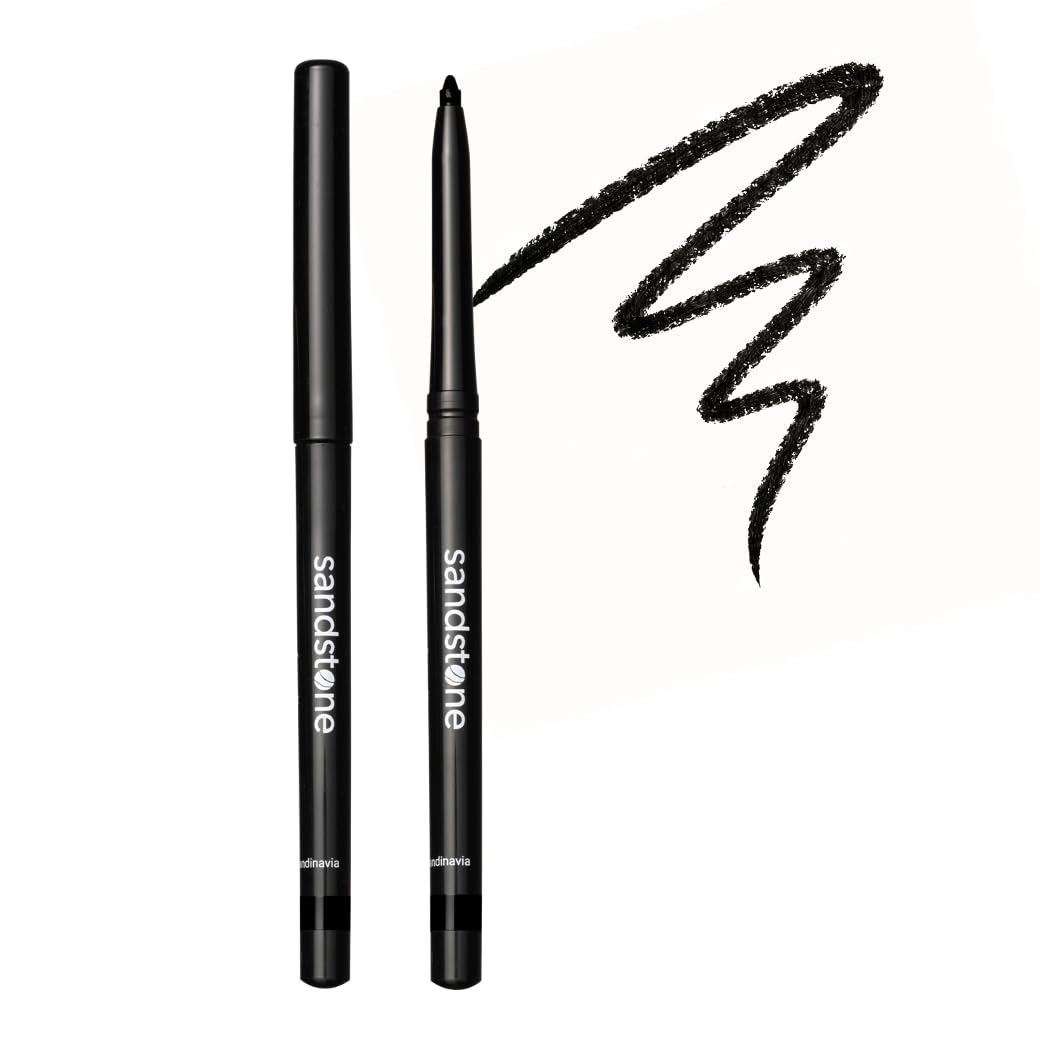 Sandstone Scandinavia eyeliner pencil front view showing sleek black barrel and cap, clear precision