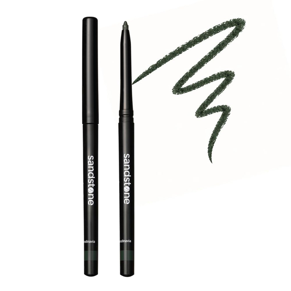 Sandstone Scandinavia front packaging showing green eyeliner and clear branding, promotes confidence