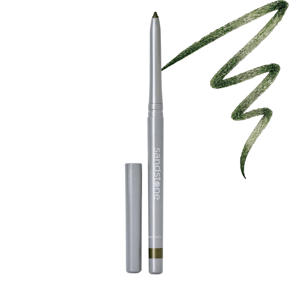 Sandstone Scandinavia eyeliner pencil front view shows sleek packaging and color payoff
