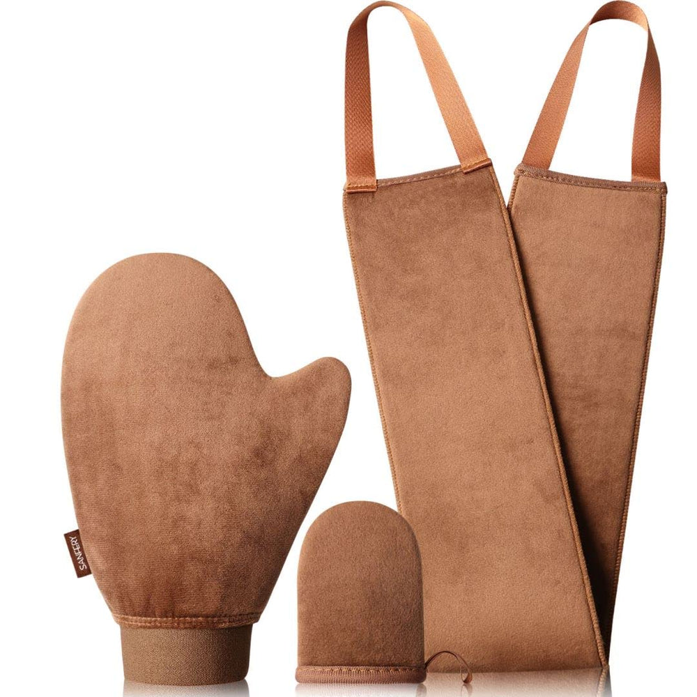 Sanfery front packaging showing three velvet tanning mitts and benefits of even application