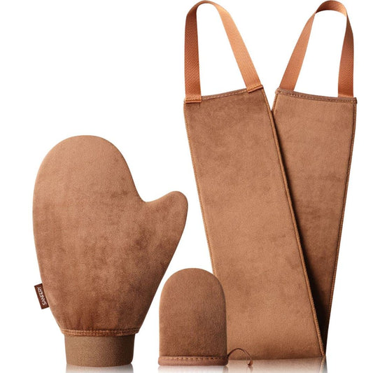 Sanfery front packaging showing three velvet tanning mitts and benefits of even application