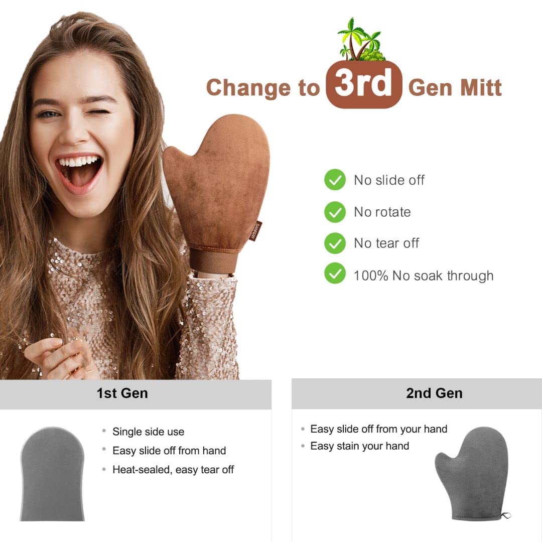 Sanfery mitts used in bathroom setting illustrating easy at-home sunless tanning