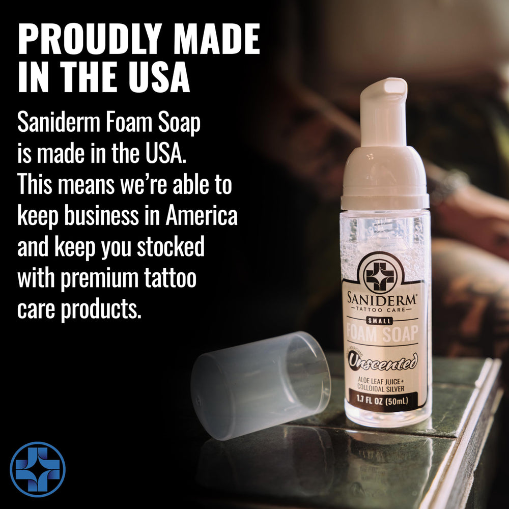 Saniderm soap next to a Saniderm bandage showing compatible pairing