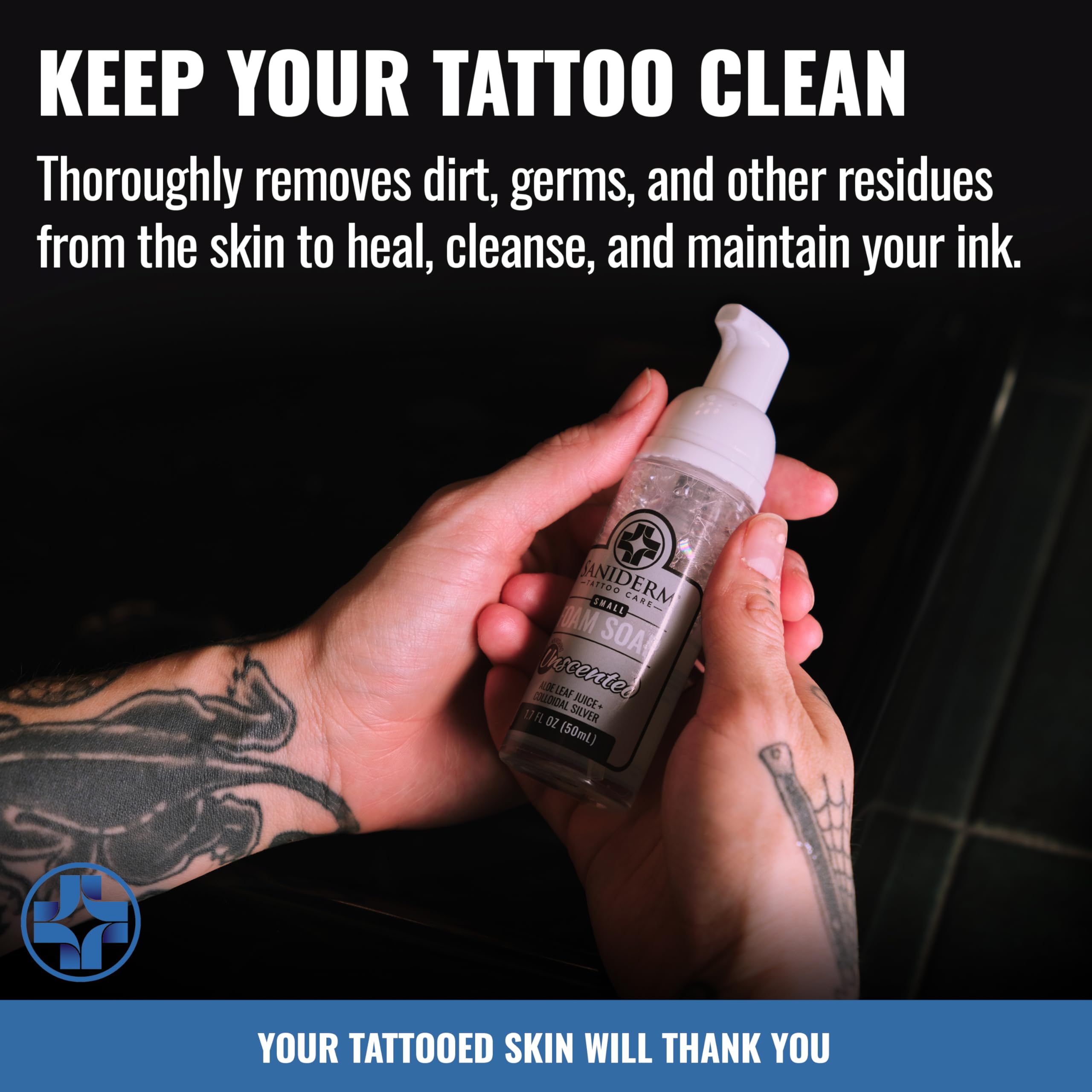 Saniderm being applied to a fresh tattoo to gently cleanse