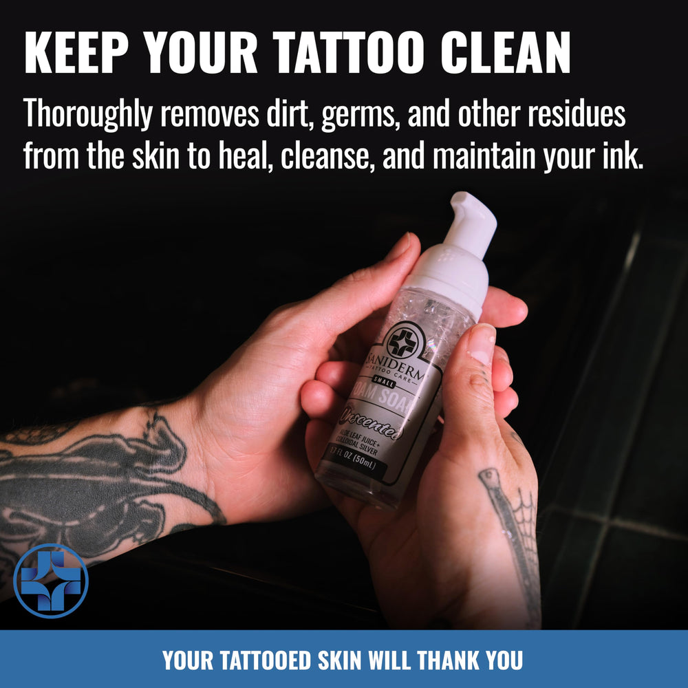 Saniderm being applied to a fresh tattoo to gently cleanse