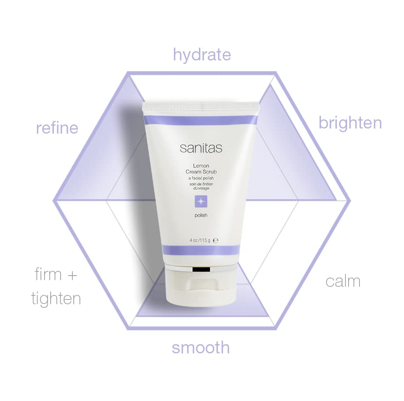 Sanitas lemon cream scrub on bathroom shelf lifestyle showing daily routine benefit