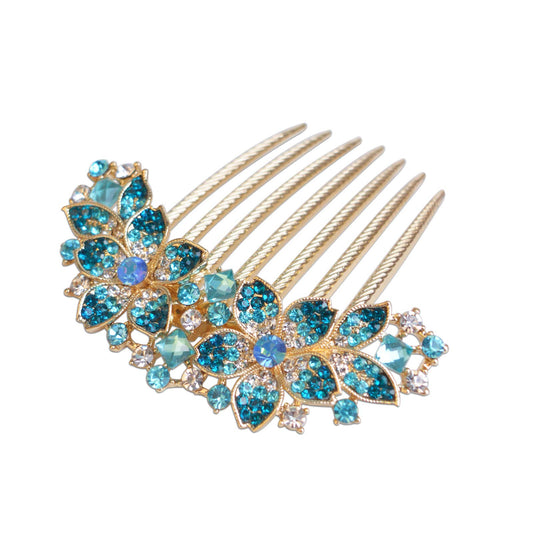 Sankuwen blue hair comb front view showing floral rhinestones and elegant design benefit