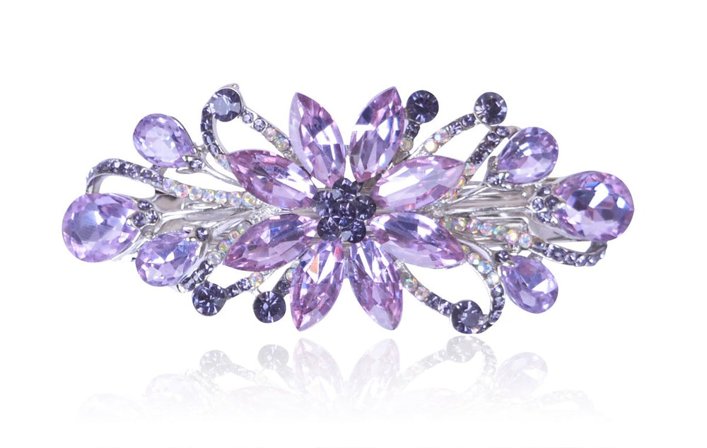 Sankuwen front view of purple flower barrette showing sparkling design and elegance