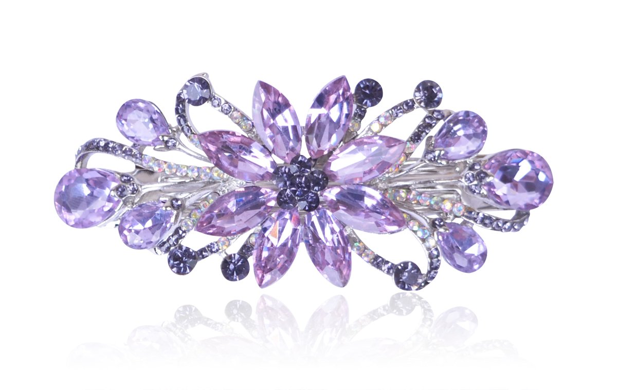 Sankuwen front view of purple flower barrette showing sparkling design and elegance
