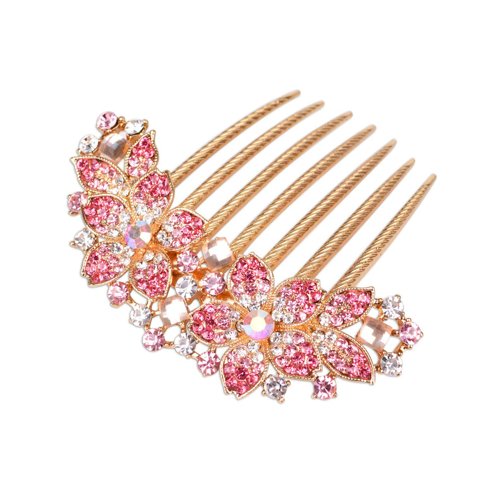 Sankuwen front view of pink rhinestone flower comb showing elegant sparkle and polish