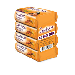 Santoor sandal and turmeric front packaging showing pack of four for convenience