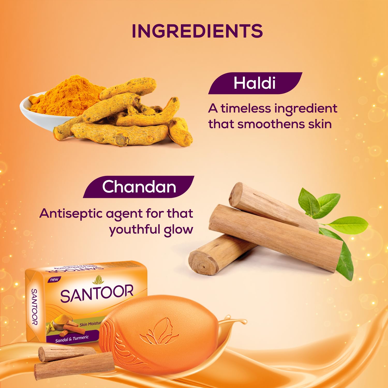 Santoor sandal and turmeric ingredient label showing sandal and turmeric extracts