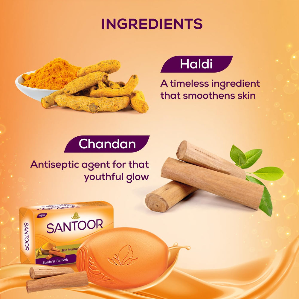 Santoor sandal and turmeric ingredient label showing sandal and turmeric extracts