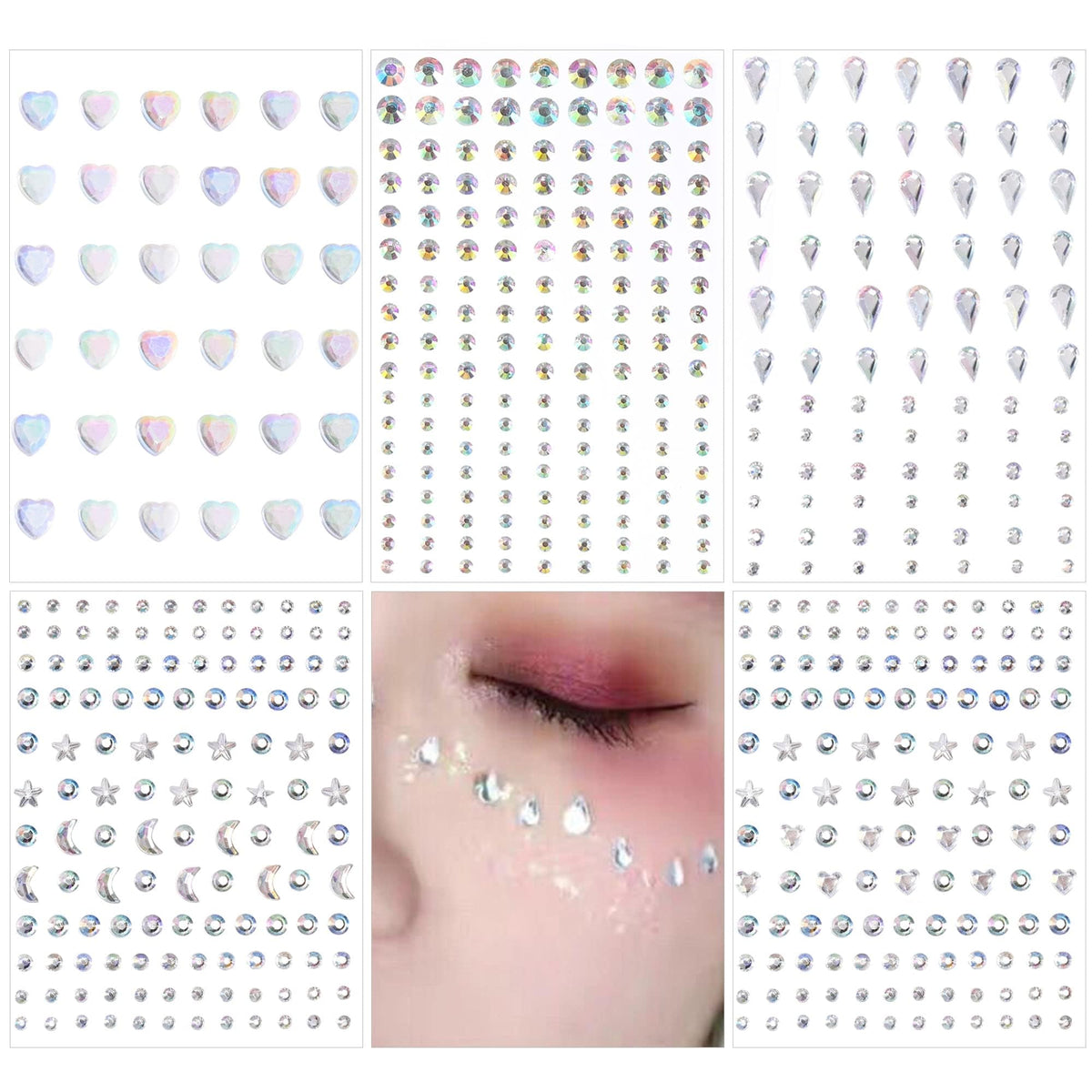 SAOROPEB front packaging showing five rhinestone sticker sheets and benefits for festival looks