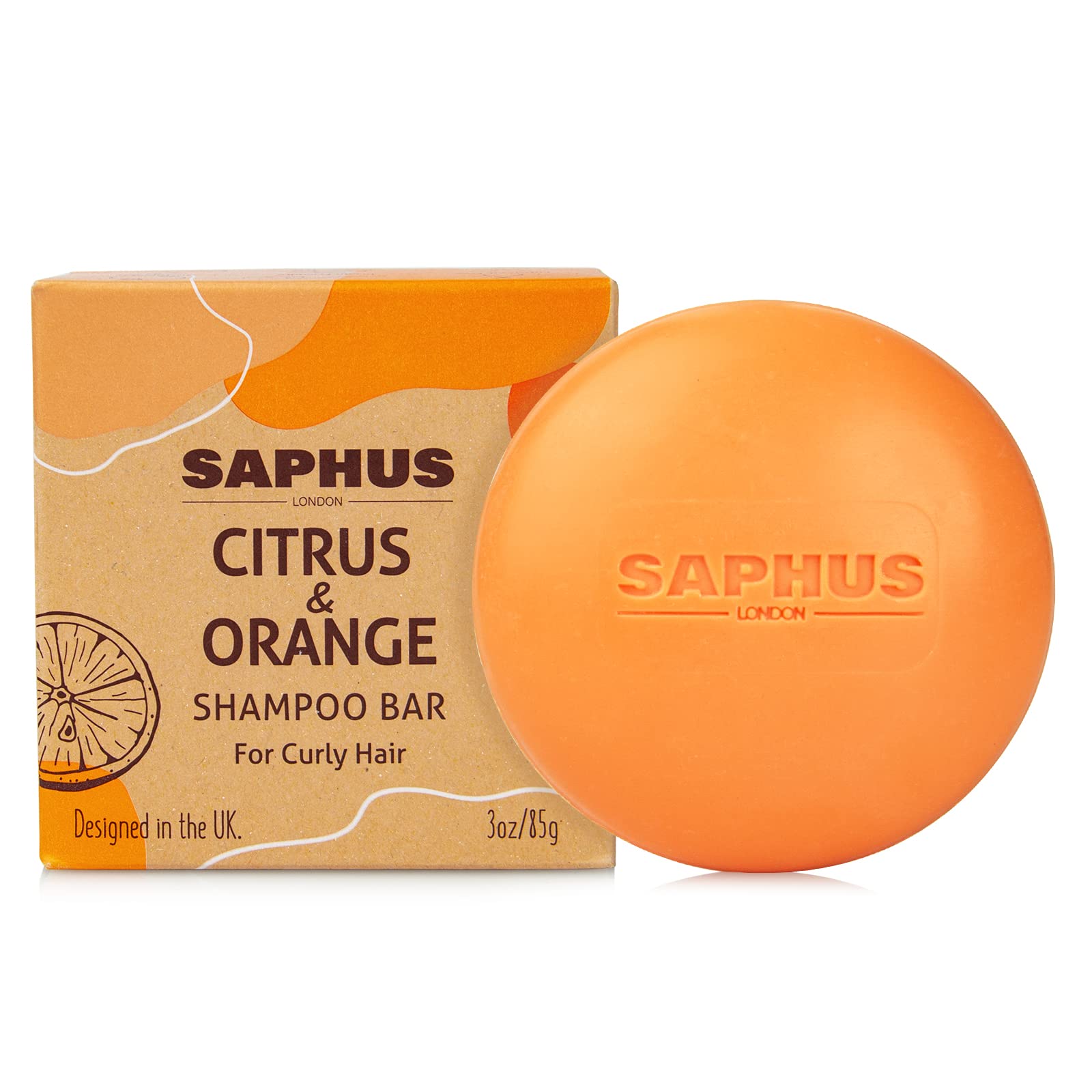 SAPHUS front packaging showing travel-size solid shampoo, eco-friendly benefit
