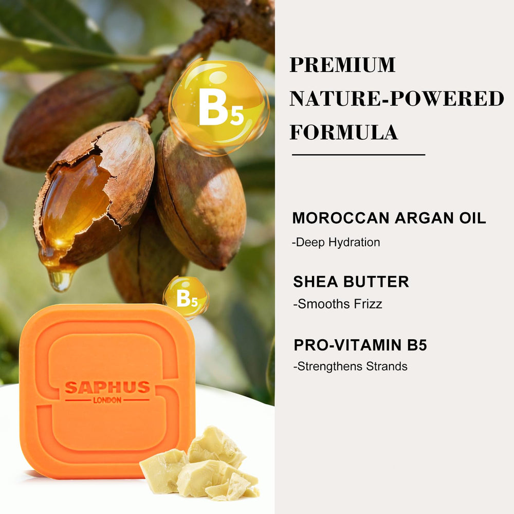 SAPHUS shampoo bar held in hand to show travel-size convenience