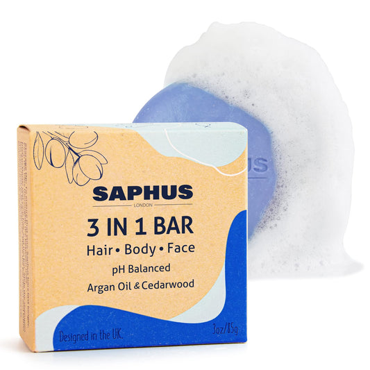 SAPHUS front packaging showing compact plastic-free box and bar, highlights portability